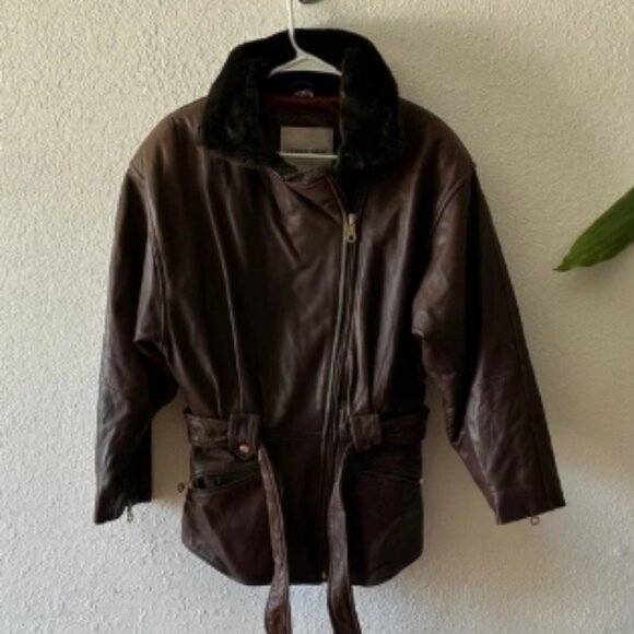 Vintage Andrew Marc Brown Leather Jacket with Black Fur Collar - Picture 1 of 5